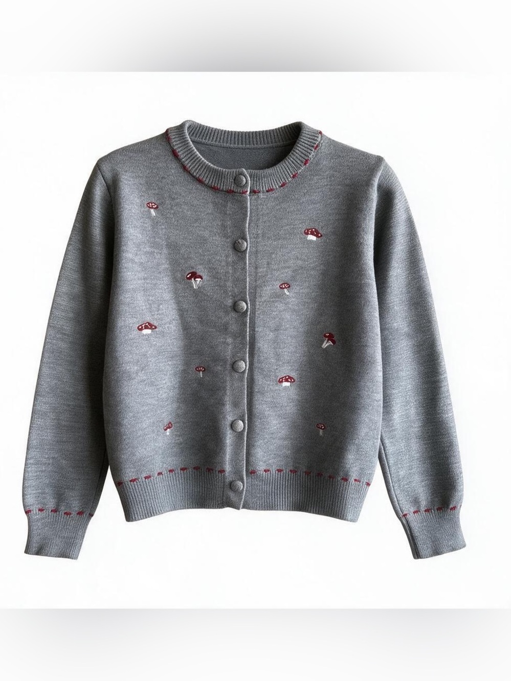 Gray Embroidered Mushroom Crewneck Cardigan Sweater Y2K